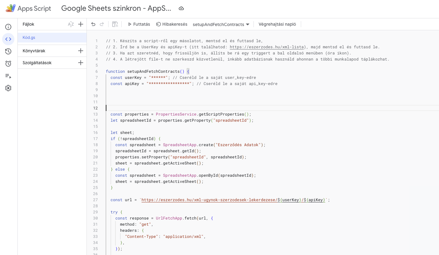 Google Sheets integráció (AppScript segítségével)